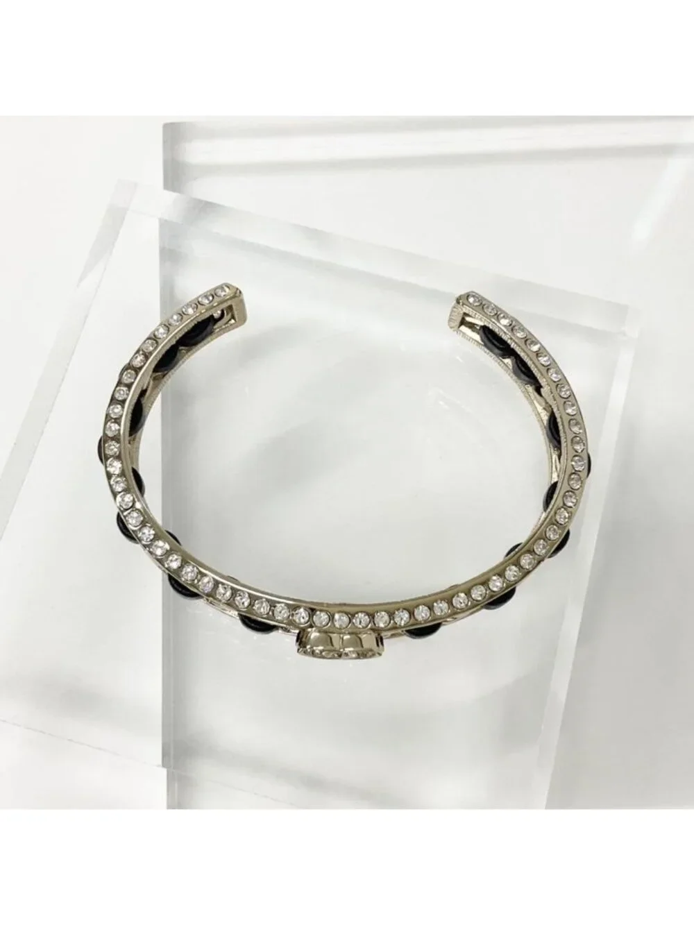 Chanel CC Logo Bangle Rhinestone Leather Bracelet Gold